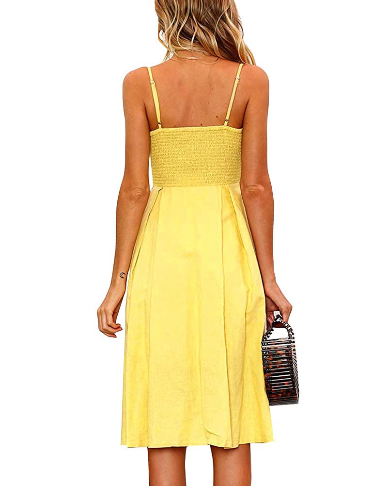 FANCYINN Womens Summer Dresses Yellow Tie Front Button Down Spaghetti Strap Midi Dress Yellow M - Image 2
